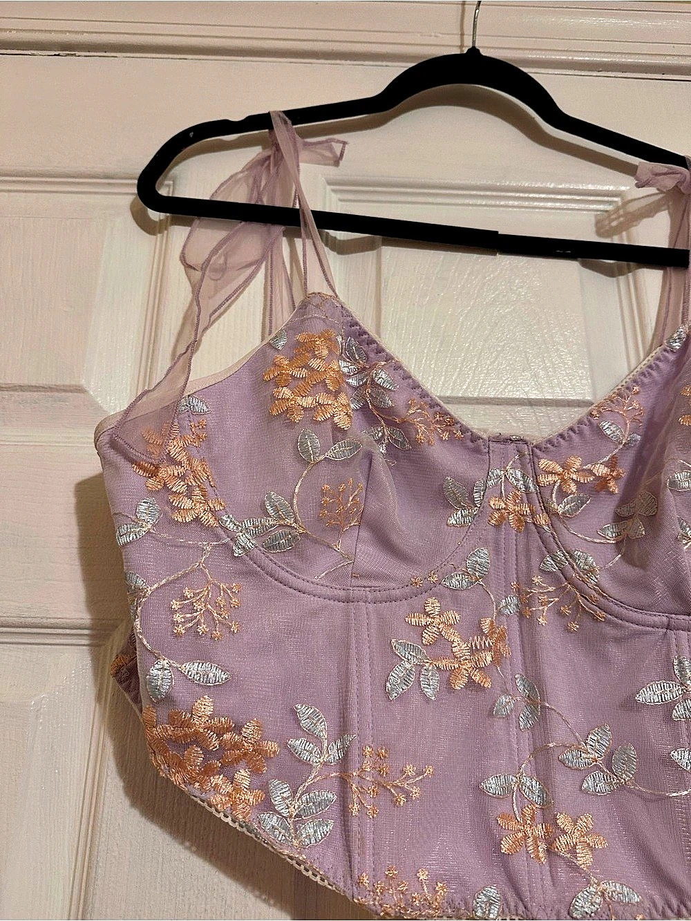 Lavender Floral Embroidered Corset Crop Top Sheer Tie Straps Fairycore Coquette - Picture 3 of 3